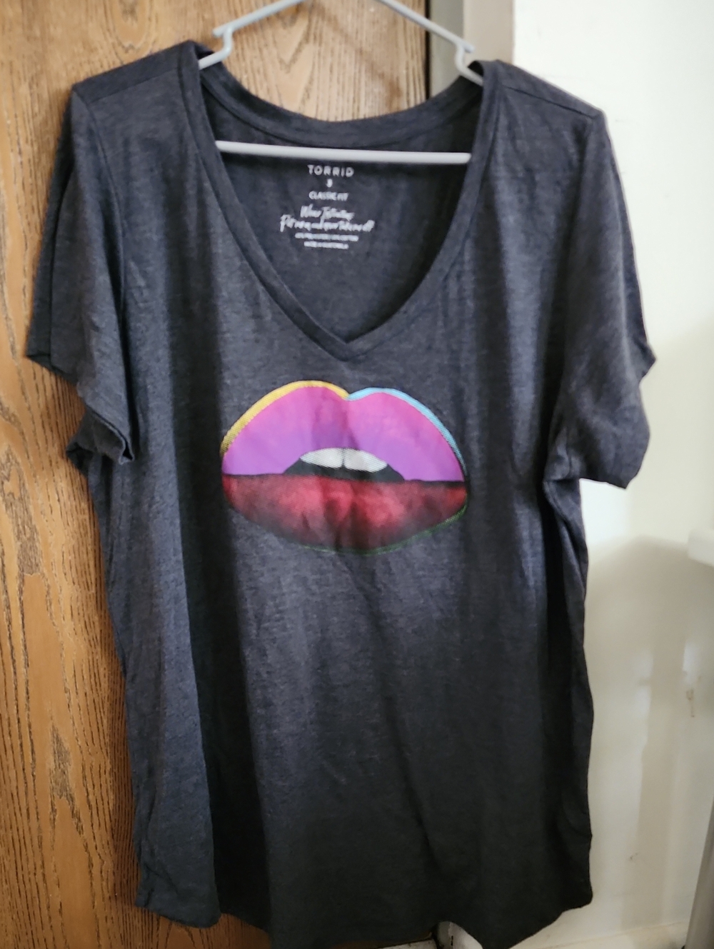 torrid Charcoal V-Neck Tee with Rainbow Lip Graphic
